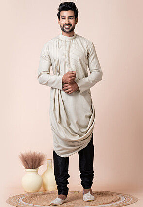 Solid Color Cotton Cowl Style Kurta Set in Cream