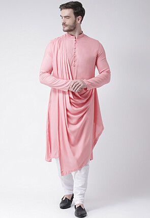 Solid Color Cotton Cowl Style Kurta Set in Pink