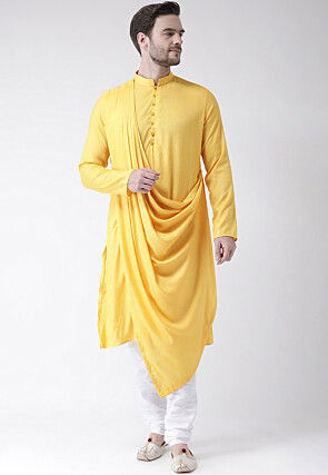 Solid Color Cotton Cowl Style Kurta Set in Yellow