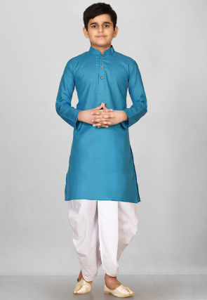 Solid Color Cotton Dhoti Kurta in Blue