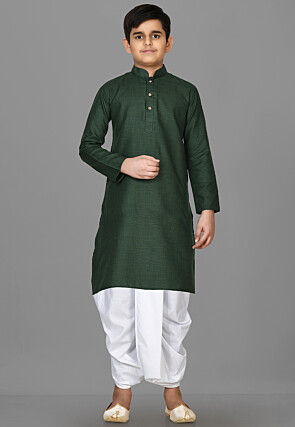 Solid Color Cotton Dhoti Kurta in Dark Green