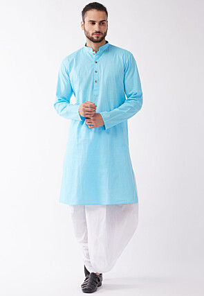 Solid Color Cotton Dhoti Kurta in Light Blue