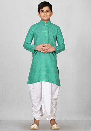 Solid Color Cotton Dhoti Kurta in Light Teal Green