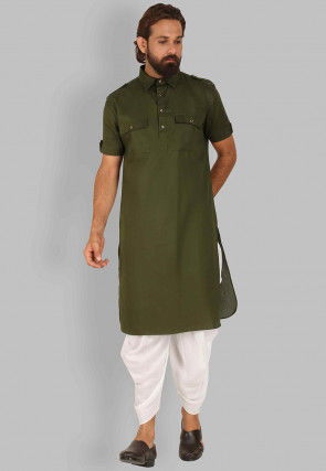 Solid Color Cotton Dhoti Kurta in Olive Green