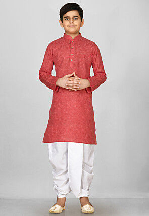 Solid Color Cotton Dhoti Kurta in Red