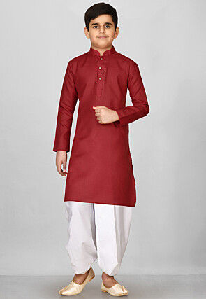 Solid Color Cotton Dhoti Kurta in Red