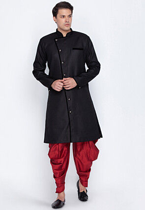 Solid Color Cotton Dhoti Sherwani in Black