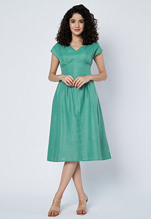 Solid Color Cotton Dress in Light Teal Green
