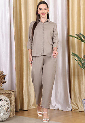 Solid Color Cotton Flex Co Ord Set in Beige