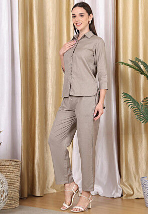 Solid Color Cotton Flex Co Ord Set in Beige