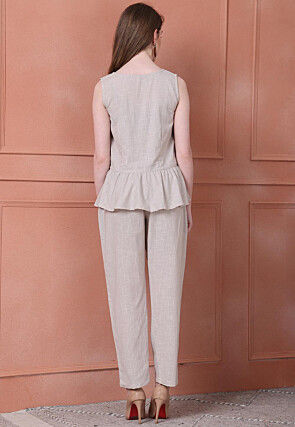 Solid Color Cotton Flex Co Ord Set in Light Beige