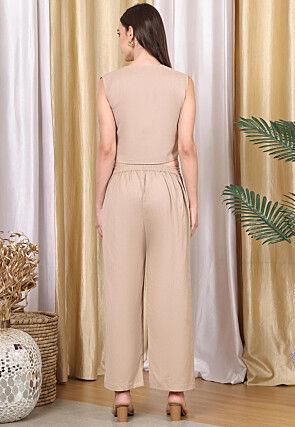 Solid Color Cotton Flex Co Ord Set in Light Beige