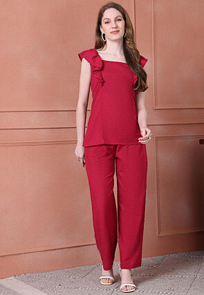 Solid Color Cotton Flex Co Ord Set in Maroon