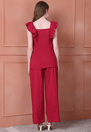 Solid Color Cotton Flex Co Ord Set in Maroon