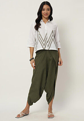 Solid Color Cotton Flex Dhoti Pant in Olive Green