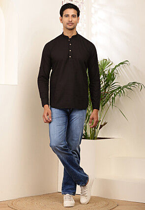 Solid Color Cotton Kurta in Black