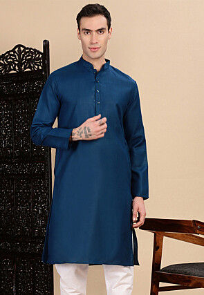 Solid Color Cotton Kurta in Blue