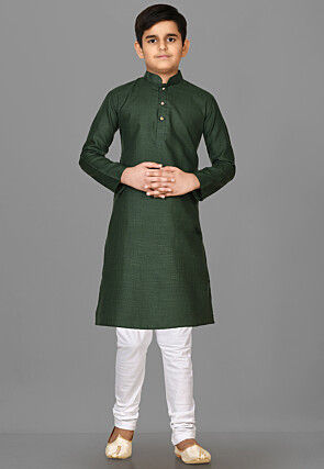 Solid Color Cotton Kurta in Dark Green