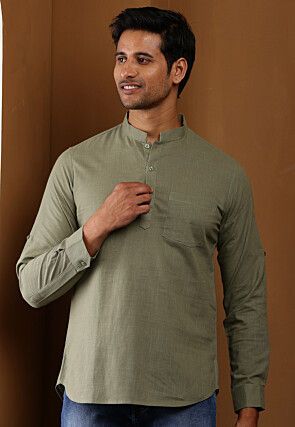 Solid Color Cotton Kurta in Dusty Green