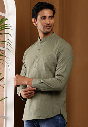 Solid Color Cotton Kurta in Dusty Green