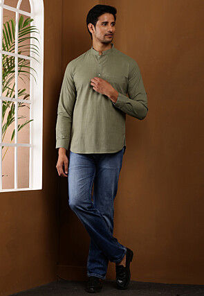 Solid Color Cotton Kurta in Dusty Green