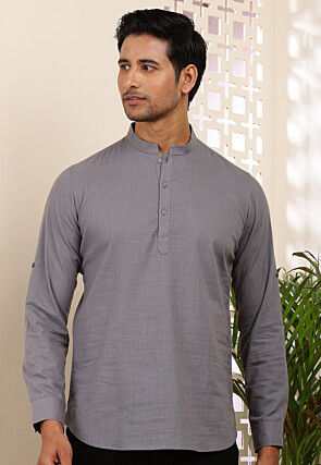 Solid Color Cotton Kurta in Grey