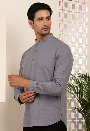 Solid Color Cotton Kurta in Grey