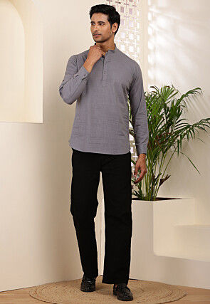 Solid Color Cotton Kurta in Grey