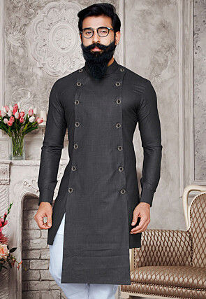 Solid Color Cotton Kurta in Grey