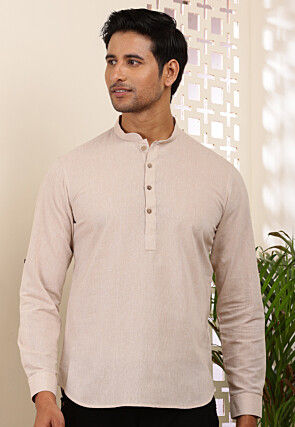 Solid Color Cotton Kurta in Light Beige