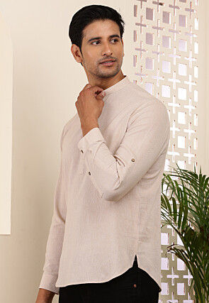 Solid Color Cotton Kurta in Light Beige