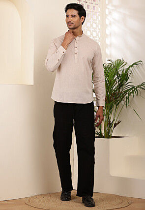 Solid Color Cotton Kurta in Light Beige