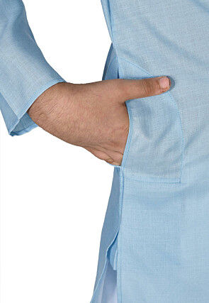 Solid Color Cotton Kurta in Light Blue