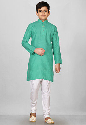 Solid Color Cotton Kurta in Light Teal Green
