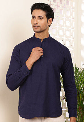 Solid Color Cotton Kurta in Navy Blue