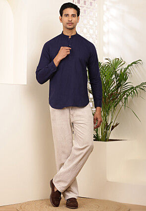 Solid Color Cotton Kurta in Navy Blue