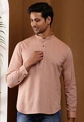 Solid Color Cotton Kurta in Peach