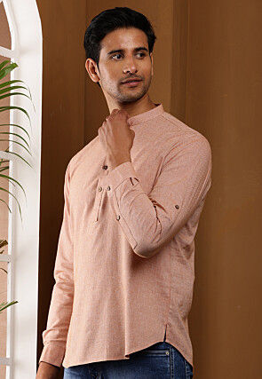 Solid Color Cotton Kurta in Peach