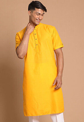 Solid Color Cotton Kurta in Yellow