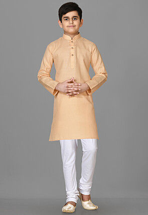 Solid Color Cotton Kurta Set in Beige