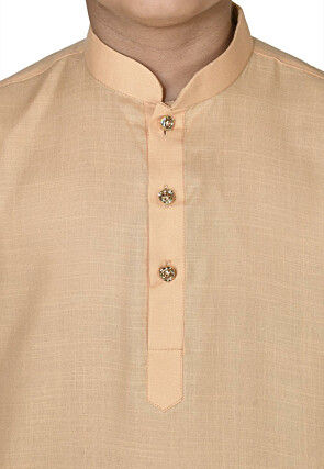 Solid Color Cotton Kurta Set in Beige