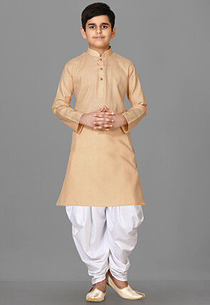Solid Color Cotton Kurta Set in Beige