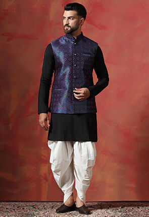 Woven Cotton Kurta Set in Black and Navy Blue