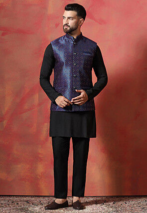 Solid Color Cotton Kurta Set in Black and Navy Blue