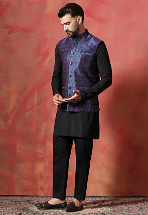 Solid Color Cotton Kurta Set in Black and Navy Blue