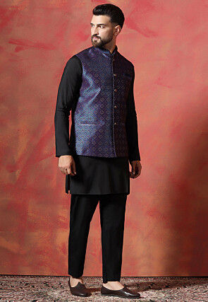 Solid Color Cotton Kurta Set in Black and Navy Blue