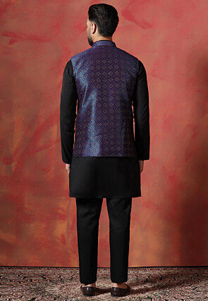 Solid Color Cotton Kurta Set in Black and Navy Blue