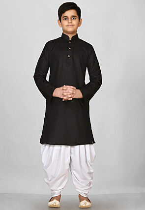 Solid Color Cotton Kurta Set in Black