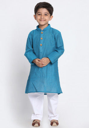 Solid Color Cotton Kurta Set in Blue