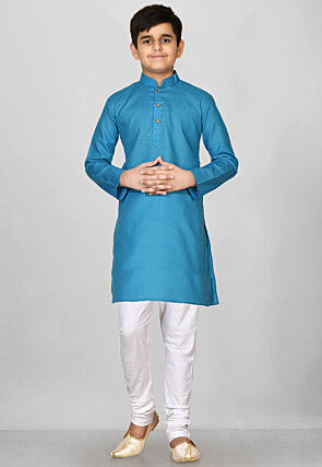 Solid Color Cotton Kurta Set in Blue
